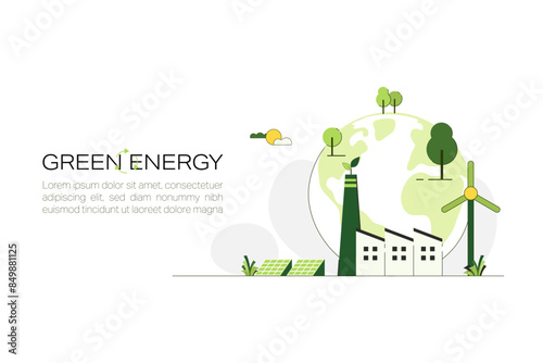 Green Industry. Green Energy Concept. Sustainable renewable energy sources. Environmental, Social, and Corporate Governance concept. Flat Vector illustration.