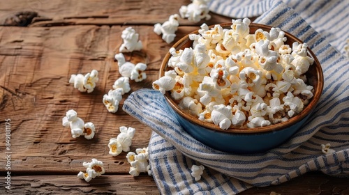 Popcorn in a blue bowl over a rustic wooden background, captured in natural light, ideal for food-related themes