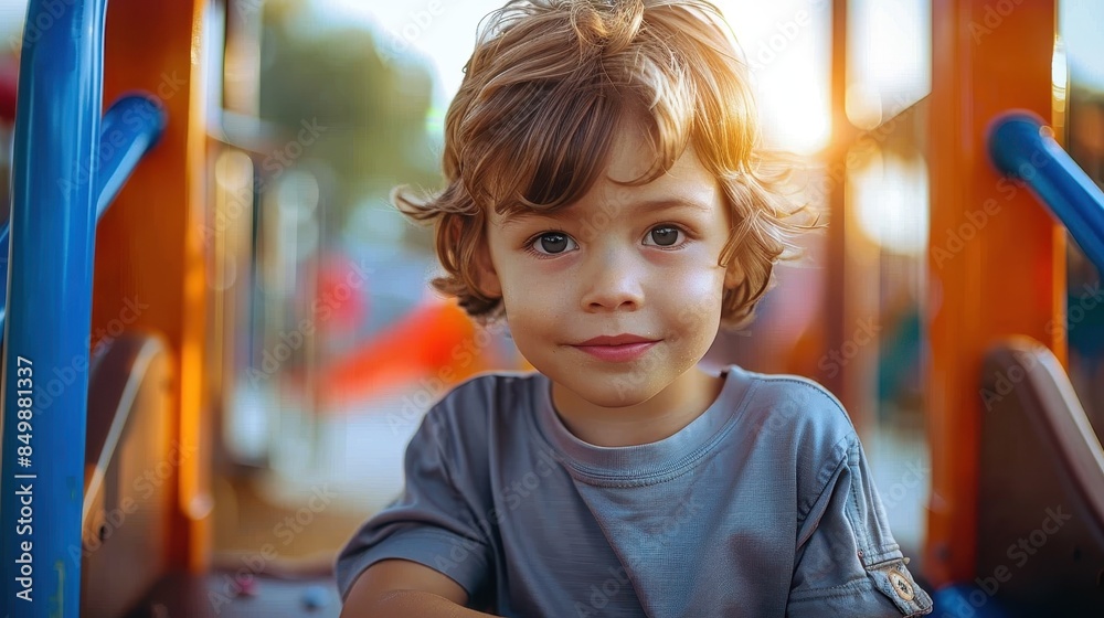 A smiling boy with curly hair is framed against a colorful playground background during sunset A smiling boy with curly hair is framed against a colorful playground background during sunset