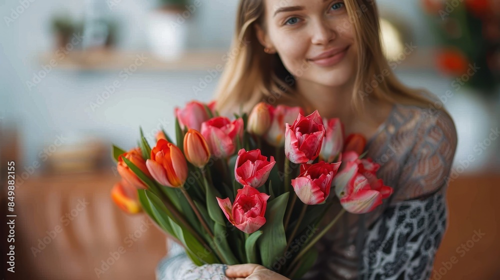 A bright and inviting image of a young woman holding a vibrant bouquet of pink and red tulips, symbolizing joy and freshness