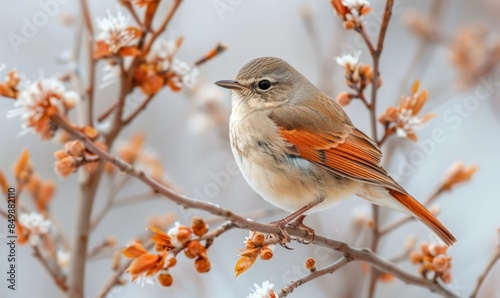 A bird perched on a tree branch with its feathers in shades of orange, white and gray. © Satyam