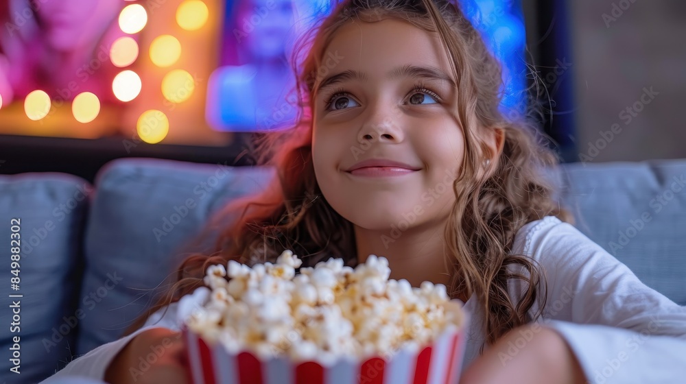 Happy girl with big eyes and a bowl of popcorn looking up with excitement during a movie night at home Happy girl with big eyes and a bowl of popcorn looking up with excitement during a movie night at home