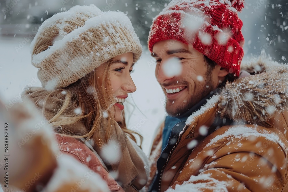 A woman and a child with obscured faces are captured enjoying a snowy day, with snowflakes visible in the air A woman and a child with obscured faces are captured enjoying a snowy day, with snowflakes visible in the air