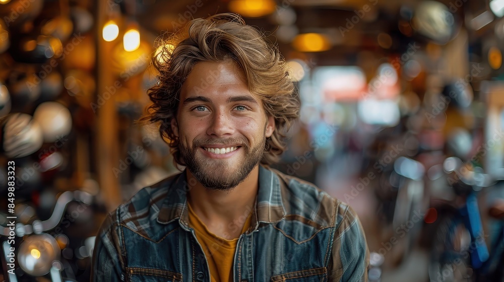 A cheerful young man with curly hair grins warmly in a workshop filled with bicycle equipment A cheerful young man with curly hair grins warmly in a workshop filled with bicycle equipment