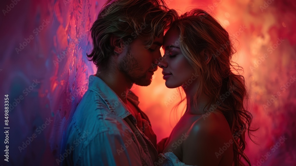 An intimate moment captured between two people with obscured faces, focusing on mood and color An intimate moment captured between two people with obscured faces, focusing on mood and color