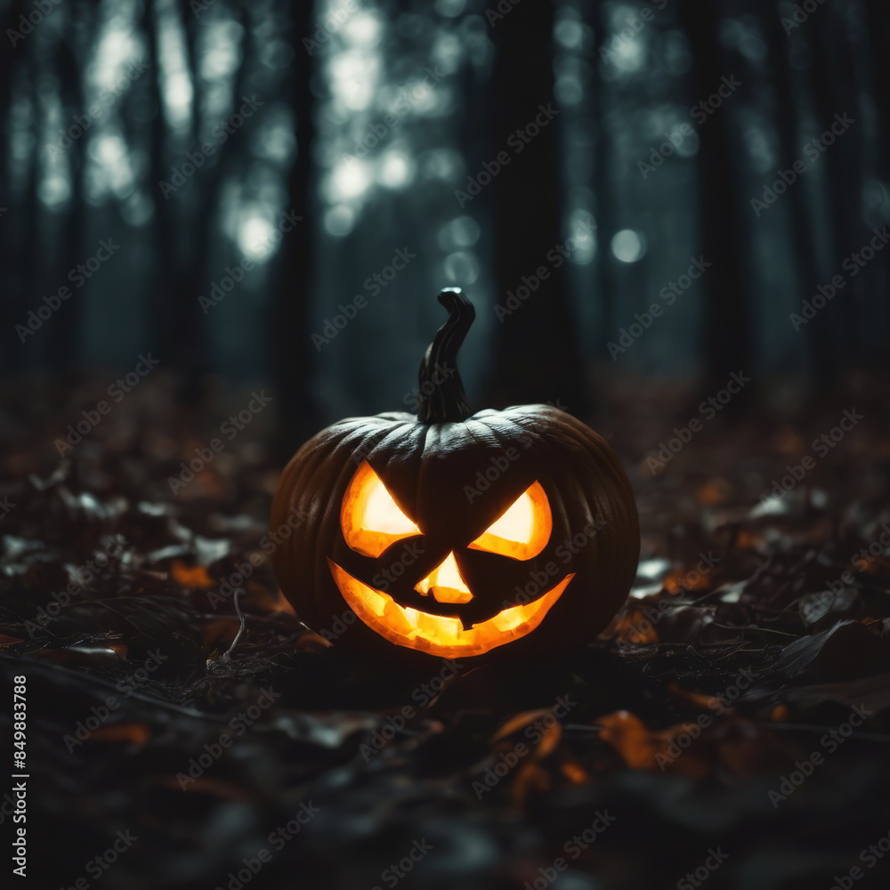 Jack-o-Lantern in a Dark Forest at Night