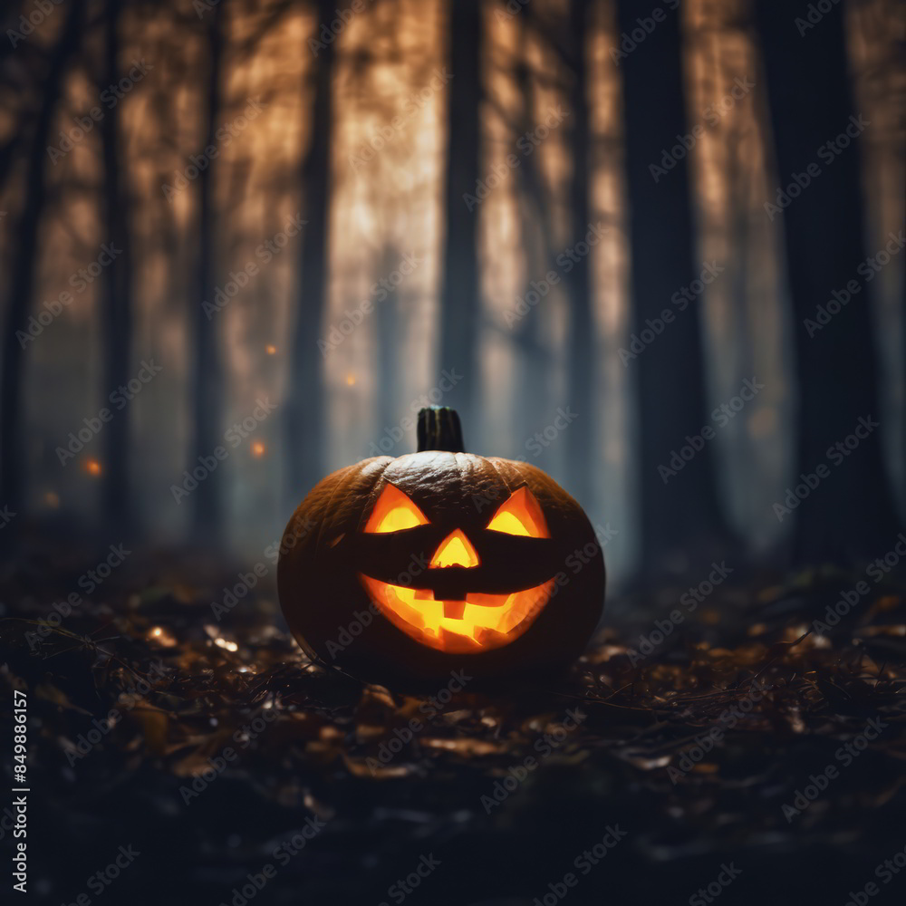 Jack-o-Lantern in a Dark Forest at Night Jack-o-Lantern in a Dark Forest at Night
