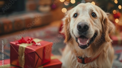 Close up view of cute golden retriever sitting with gift box in mouth near Christmas tree at home. 