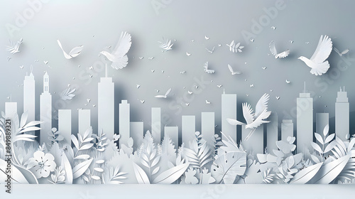 The person who knows. Tree, Achieve sustainable growth, World Environment Day. White eco urban city and nature landscape background paper art style.