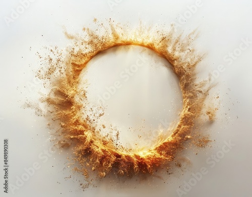 The image features a radiant yellow ring made up of small gold particles, set against a white background.