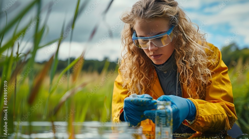 Scientist Collecting Water Samples in a Wetland Area for Environmental ...