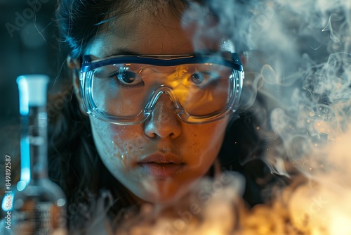 Close-Up Portrait of a Young Scientist Wearing Safety Goggles Surrounded by Smoke in a Laboratory Setting photo