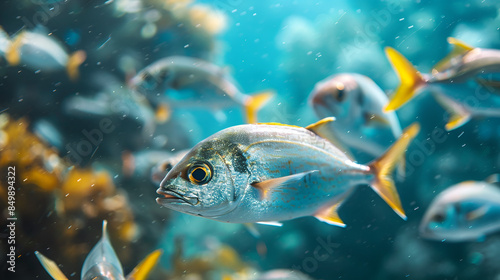 Large school of scad jamb fish underwater, illustrating the vibrant sea ecosystem and marine biodiversity, perfect for ocean conservation and underwater photography visuals, Generative AI photo