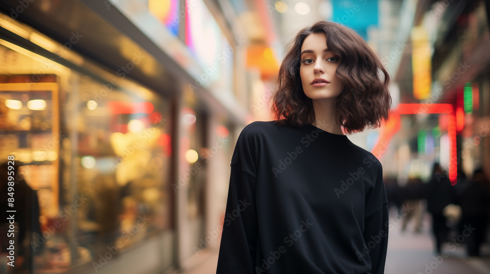 Woman in Plain Black Sweatshirt Window Shopping on Busy Shopping Street Woman in Plain Black Sweatshirt Window Shopping on Busy Shopping Street
