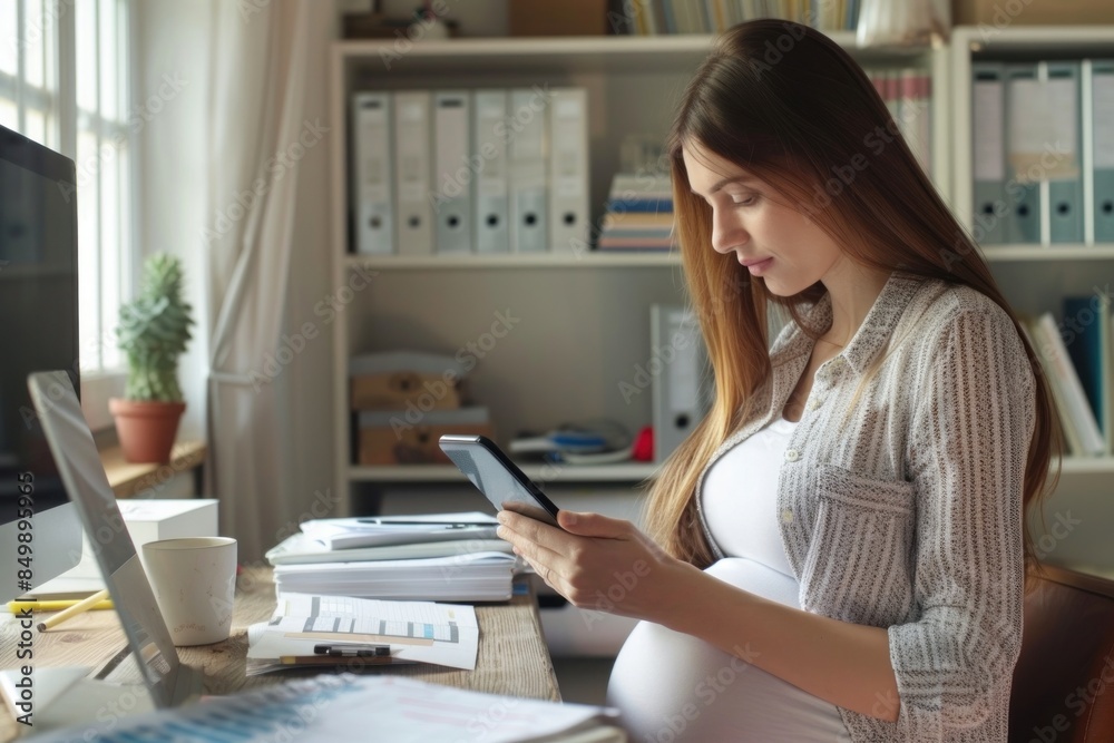 Pregnant woman checking furniture computer working. Pregnant woman checking furniture computer working.