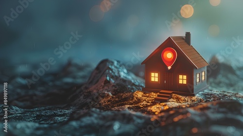A striking visual narrative unfolds as a house symbol with a location pin icon emerges from the Earth's surface, symbolizing the journey of purchasing a new home for family in the realm photo
