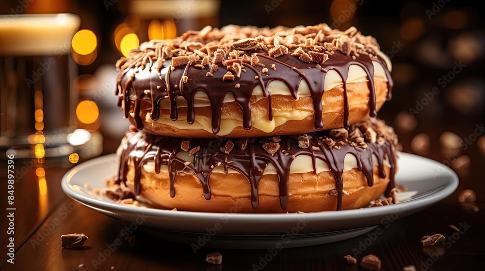 Closeup sweet donuts filled with melted chocolate and sprinkles with a blurred background Closeup sweet donuts filled with melted chocolate and sprinkles with a blurred background