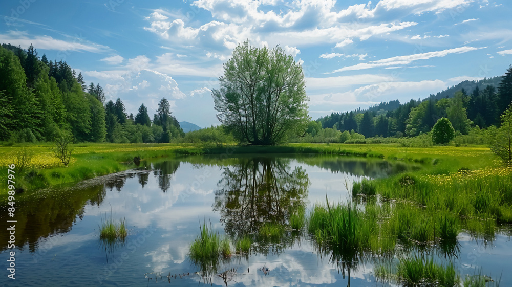 Fototapeta premium green meadow reflects in pond, AI Generative.