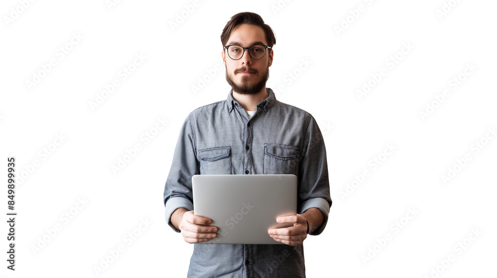 portrait of a man holding a laptop isolated on transparent background, software engine cut out portrait of a man holding a laptop isolated on transparent background, software engine cut out