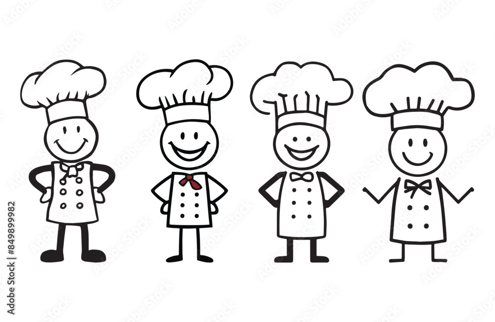 Group of stick figure chef, smiling and appearing happy Group of stick figure chef, smiling and appearing happy