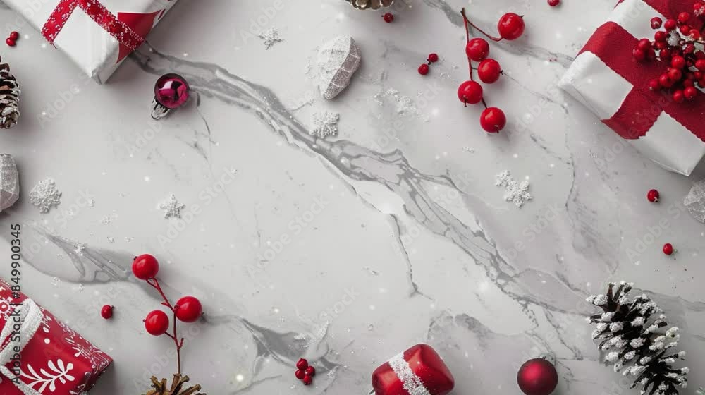 Christmas background with red and white wrapping paper, gifts, pine cones, holly berries, christmas decorations, on light grey stone table, flat lay, top view, high resolution photography, high detail