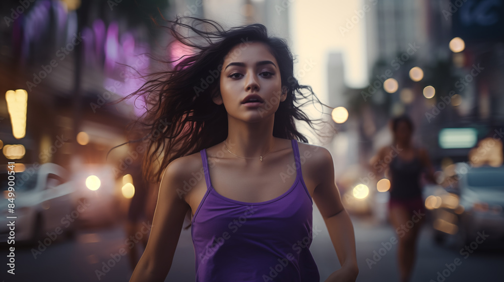 Fototapeta premium Woman in Purple Crop Top Crossing Busy Intersection