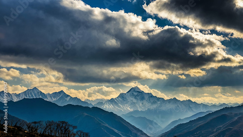 The view of Himalayas from south Sikkim India with From left - Mount South Kabru  Mount North Kabru and Mount Talung Sikkim India landscape GENERATE AI,
 photo