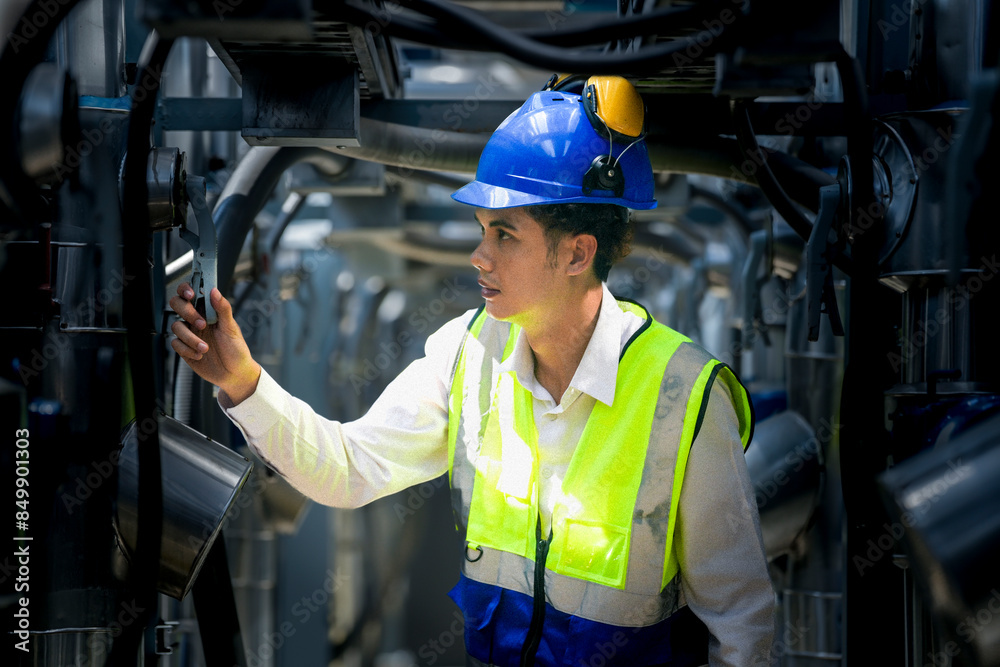 A focused engineer wearing a safety vest and helmet inspects machinery in an industrial setting. The professional diligently checks equipment to ensure proper functionality and safety standards. A focused engineer wearing a safety vest and helmet inspects machinery in an industrial setting. The professional diligently checks equipment to ensure proper functionality and safety standards.