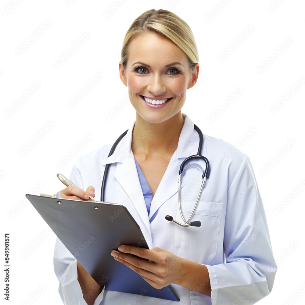 portrait of a female doctor with clipboard, isolated, white background, AI
