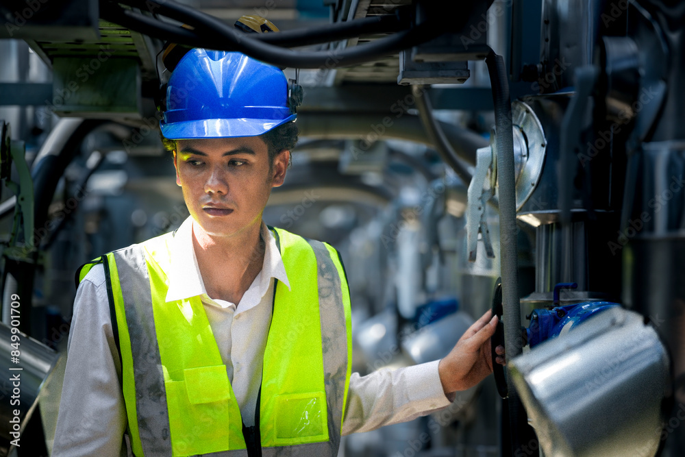 A focused engineer wearing a safety vest and helmet inspects machinery in an industrial setting. The professional diligently checks equipment to ensure proper functionality and safety standards.