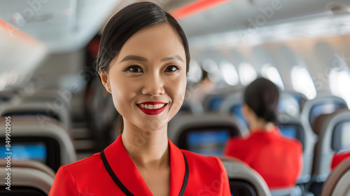 A beautiful female stewardess serves passengers on a flight, epitomizing professionalism and hospitality, Ai Generated