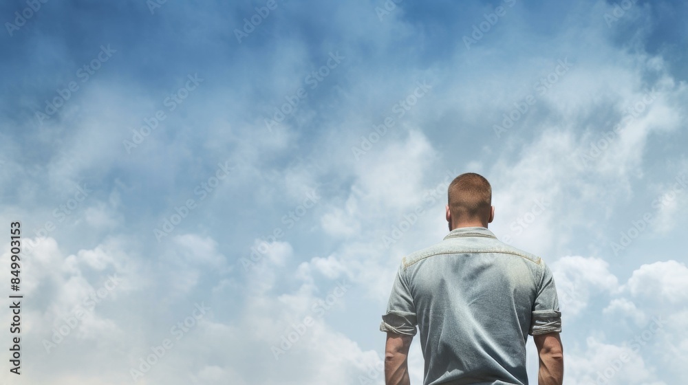 A stylish man in denim jeans looking up against a simple backdrop. A stylish man in denim jeans looking up against a simple backdrop.