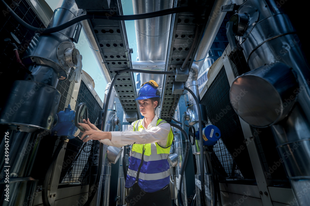 A technician in a bright safety vest and helmet conducts a thorough ...