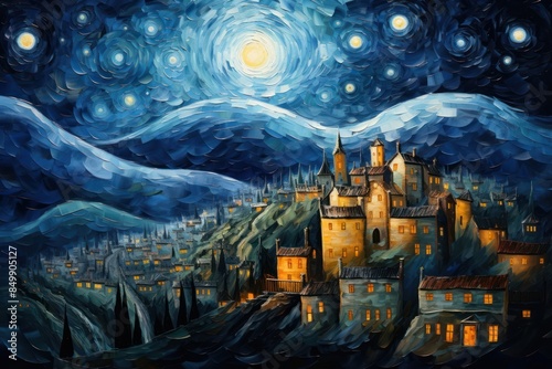 A starry night with the sky and full moon over the town painting art outdoors. photo
