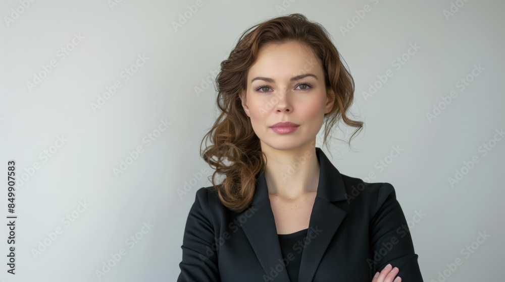Woman with curly hair posing in black blazer against white background. Woman with curly hair posing in black blazer against white background.