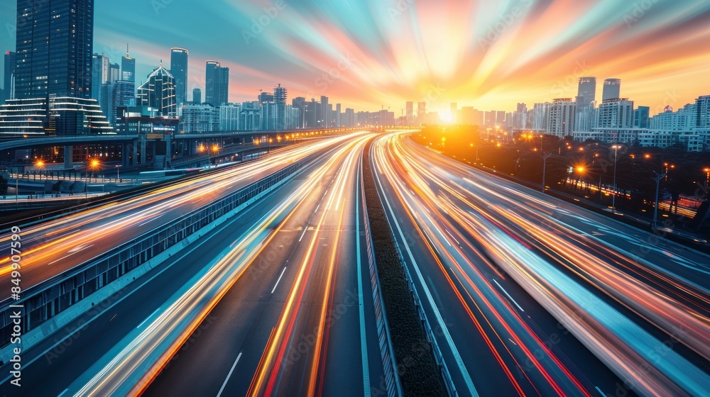 Fototapeta premium Cityscape with Highway and Sunset