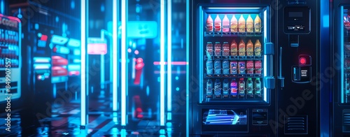 Vending machine with neon lights selling snacks and drinks