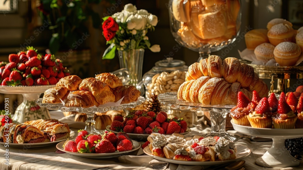 sumptuous morning feast with golden pastries and ripe strawberries, a fresh start to the day sumptuous morning feast with golden pastries and ripe strawberries, a fresh start to the day