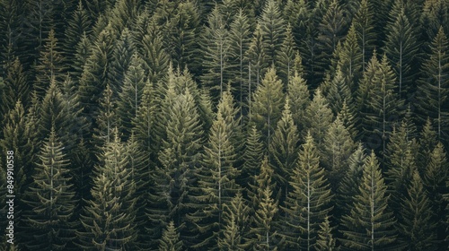 Pine trees of great height cover the woods photo