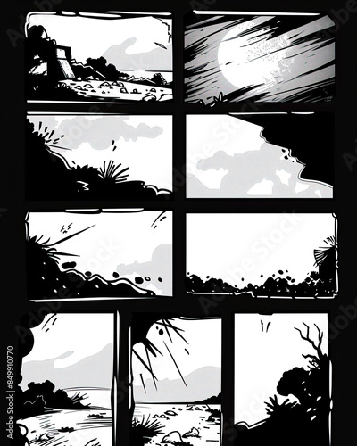 Obraz na płótnie Retro black and white comic template, clean lines, clear separations, varied panels, dialogue-ready. w salonie