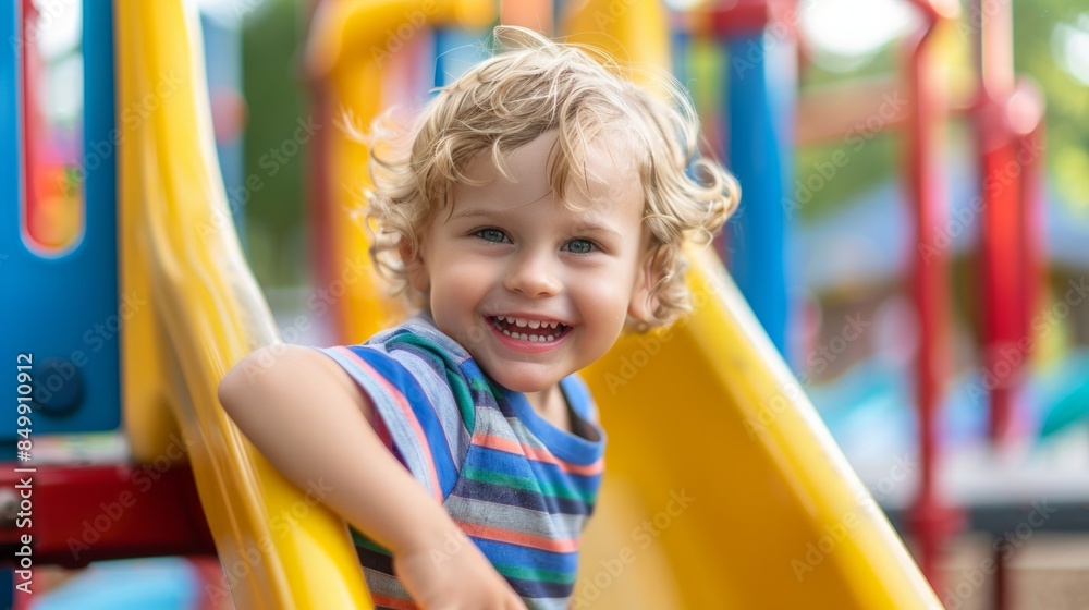 happy preschooler boy playing on a slide on the playground in summer happy preschooler boy playing on a slide on the playground in summer