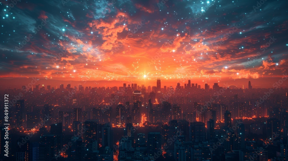 Cityscape at Sunset with Sparkling Stars