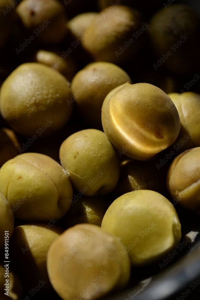 Japanese apricot, Japanese ume fruit preserved with sugar. Japanese apricot, Japanese ume fruit preserved with sugar.