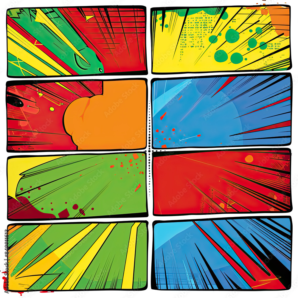 Colored comic template, classic, vibrant colors, clean lines, various backgrounds, ready for text.