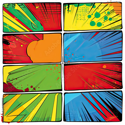 Colored comic template, classic, vibrant colors, clean lines, various backgrounds, ready for text. photo