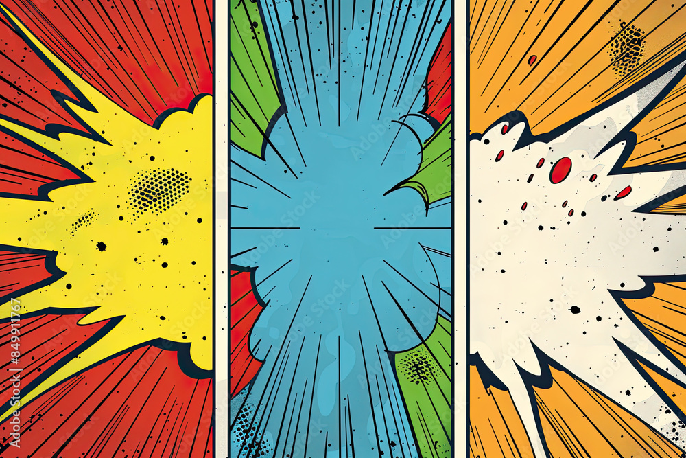 Retro comic book template, bold colors, defined shapes, different backgrounds, ready for characters.