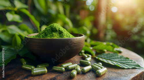 Kratom leaves (Mitragyna speciosa) herbal in Thailand with medicine powder and capsules on wood and beautiful sunlight outdoors as the background	 photo