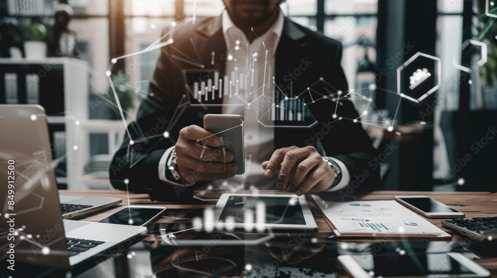 The businessman is multitasking, using his phone to search, browse the internet, and gather essential data and information