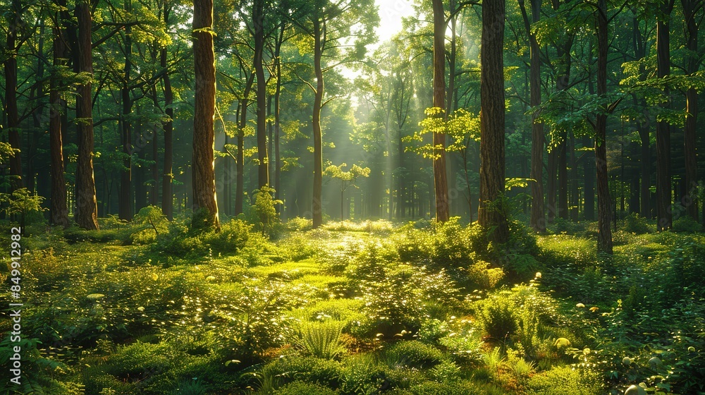 Obraz premium A forest with sunlight shining through the trees