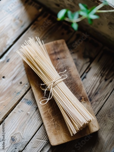 Fresh Raw Soba Noodles on Wooden Board in Minimalist Kitchen with Natural Light, Fujifilm X-Pro3 23mm Lens Aerial View photo